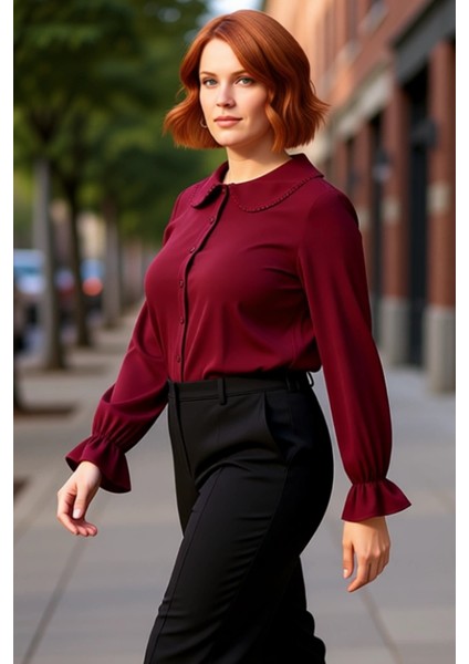 Kadın Bebe Yaka Ponpon Detaylı Regular Kalıp Dokuma Gömlek Fonksiyonel Dayanıklı Kaliteli Şık