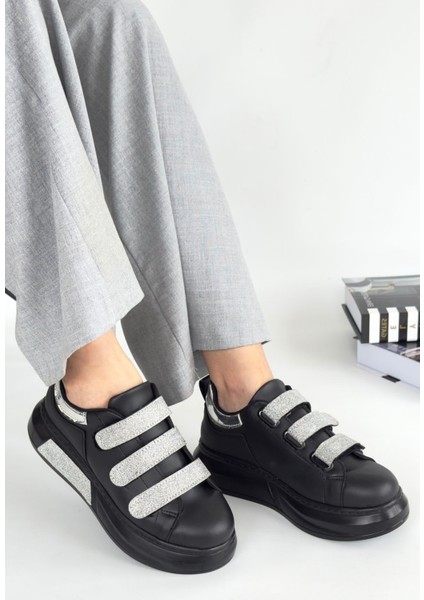 Elika Siyah Cilt Simli Cırt Cırtlı Spor Ayakkabı - Lisinya