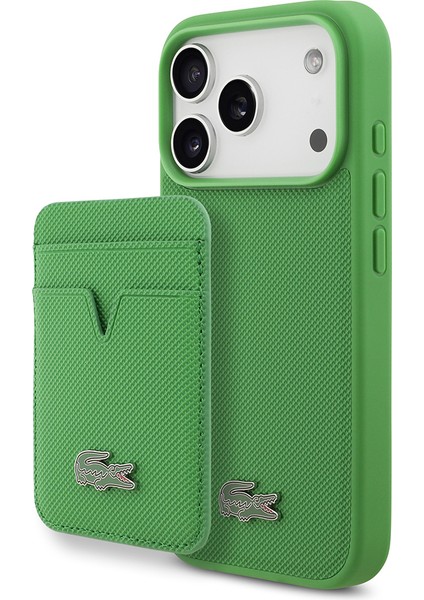 iPhone 17 Pro Kılıf Lacoste Lisanslı M-Safeli Pu Pike Desenli Metal Logolu Kartlıklı Kapak Yeşil
