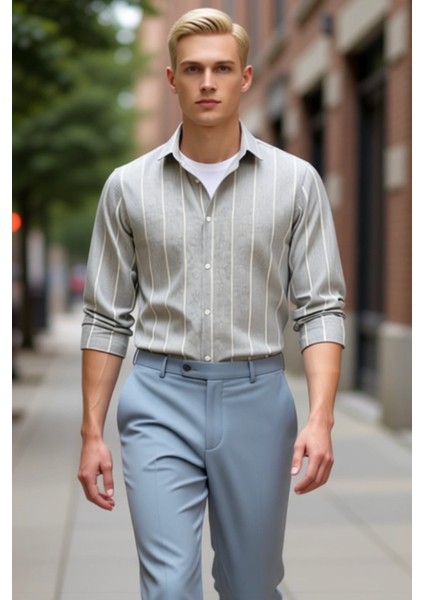 Erkek Çizgili Regular Fit Keten Görünümlü Gömlek Fonksiyonel Dayanıklı Kaliteli Konforlu Şık