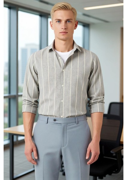 Erkek Çizgili Regular Fit Keten Görünümlü Gömlek Fonksiyonel Dayanıklı Kaliteli Konforlu Şık modelleri