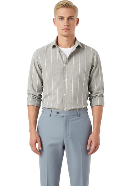 Erkek Çizgili Regular Fit Keten Görünümlü Gömlek Fonksiyonel Dayanıklı Kaliteli Konforlu Şık fırsatları