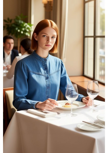 Kadın Dikiş Detaylı Hakim Yaka Uzun Kollu Denim Gömlek Rahat Kesim Günlük Şıklık Dayanıklı fiyatları