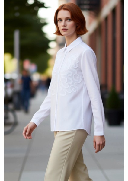 Kadın Oversize Dokuma Gömlek Dokulu Desenli Klasik Yaka Uzun Kol Rahat Kesim Şık Görünüm Spor