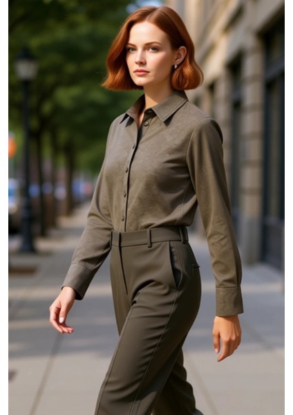 Kadınların Gündelik Şıklığını Tamamlayacak Süet Dokulu Regular Fit Uzun Kollu Gömlek Modeli
