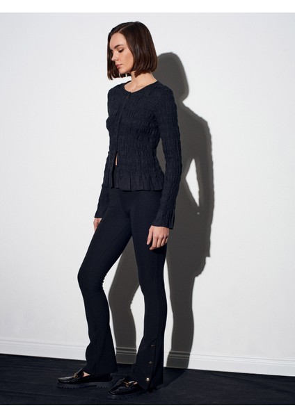 71905 Düğme Detaylı Ispanyol Paça Tayt-Siyah