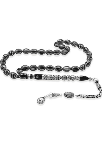 Erzurum Oltu Tesbih - 20 Li Gümüş Yarma - Cevşen Nakkaş - 925 Ayar Gümüş Püsküllü - Arpa Kesim