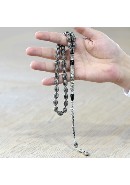 Erzurum Oltu Tesbih - 20 Li Gümüş Yarma - Cevşen Nakkaş - 925 Ayar Gümüş Püsküllü - Arpa Kesim modelleri