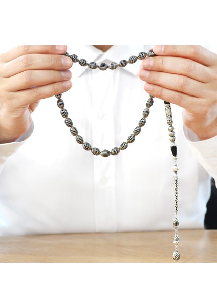 Erzurum Oltu Tesbih - 20 Li Gümüş Yarma - Cevşen Nakkaş - 925 Ayar Gümüş Püsküllü - Arpa Kesim fırsatları