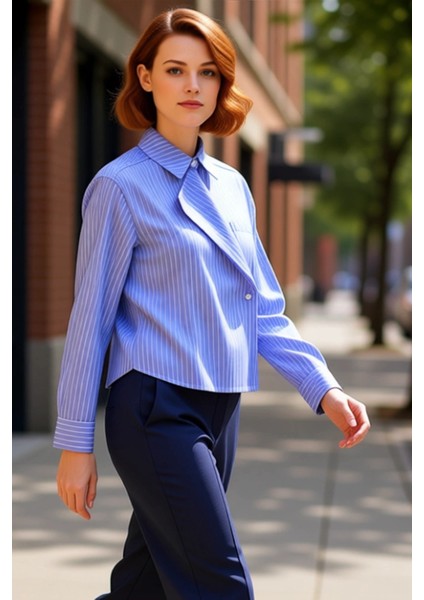 Modern Dokunuşlu Çizgili Oversize Dokuma Gömlek Kadın Gardıroplarının Zamansız Parçası Şık