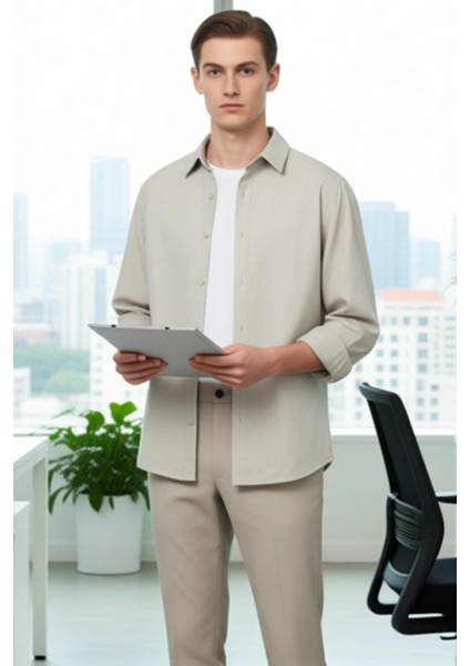 Erkek Oversize Fit Dokuma Keten Görünümlü Gömlek Yaka Uzun Kollu Gömlek Gündelik Şıklık Şık modelleri