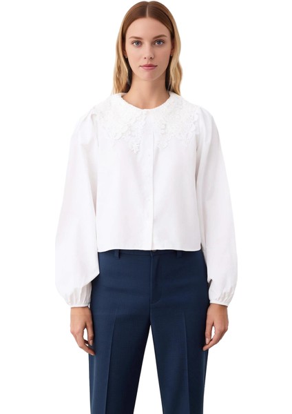 Kadın Güpür Işlemeli Bebe Yaka Crop Gömlek Uzun Balon Kollu Dokuma Kumaş Konforlu Kesim Günlük fırsatları