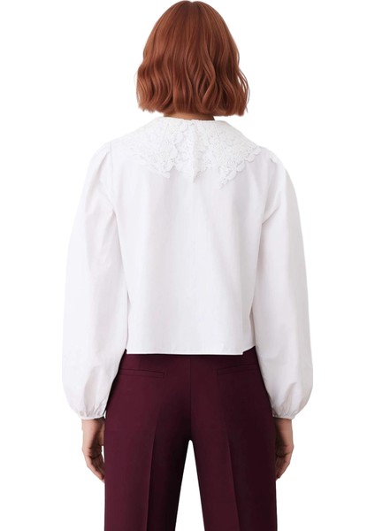 Kadın Güpür Işlemeli Bebe Yaka Crop Gömlek Uzun Balon Kollu Dokuma Kumaş Konforlu Kesim Günlük indirimleri