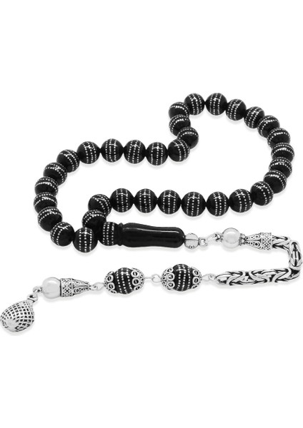 Erzurum Oltu Taşı Tesbih - 925 Ayar Gümüş Kral Püsküllü - Üç Sıra Gümüş Işlemeli - Küre Kesim