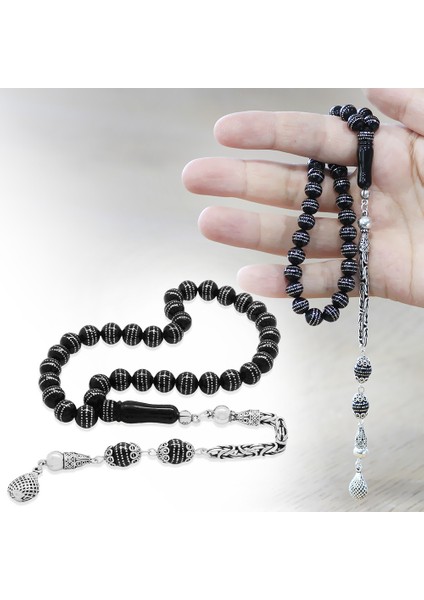 Erzurum Oltu Taşı Tesbih - 925 Ayar Gümüş Kral Püsküllü - Üç Sıra Gümüş Işlemeli - Küre Kesim fiyatları