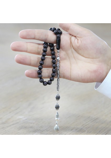 Erzurum Oltu Taşı Tesbih - 925 Ayar Gümüş Kral Püsküllü - Üç Sıra Gümüş Işlemeli - Küre Kesim modelleri