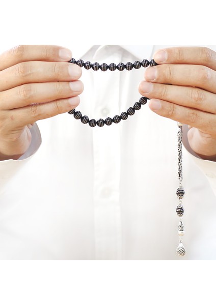 Erzurum Oltu Taşı Tesbih - 925 Ayar Gümüş Kral Püsküllü - Üç Sıra Gümüş Işlemeli - Küre Kesim fırsatları