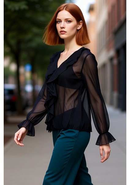 Kadın Kırışık Görünümlü Şifon Bluz V Yaka Uzun Kollu Günlük Şık Gömlek Tasarımı Fonksiyonel