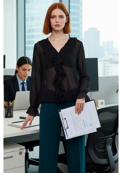 Kadın Kırışık Görünümlü Şifon Bluz V Yaka Uzun Kollu Günlük Şık Gömlek Tasarımı Fonksiyonel modelleri