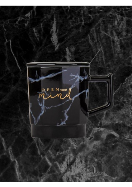 Mermer Desenli Kapaklı Kaşıklı Seramik Kupa Siyah modelleri