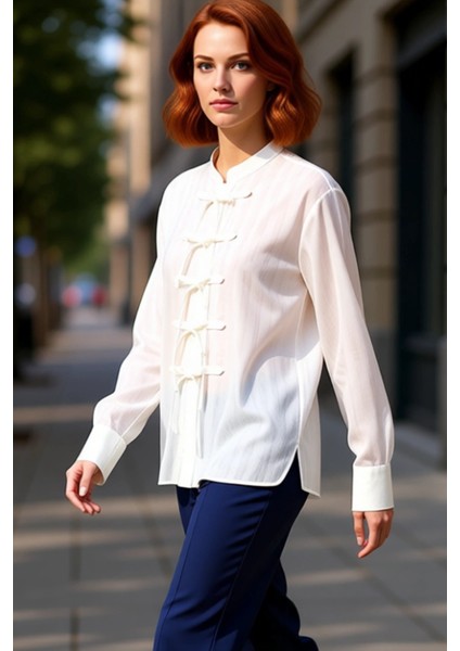 Kadın Relaxed Kesim Hakim Yaka Fiyonk Detaylı Uzun Kollu Pamuklu Dokuma Gömlek Fonksiyonel