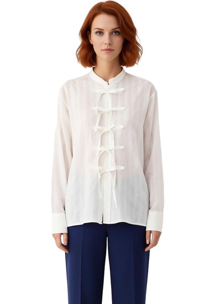 Kadın Relaxed Kesim Hakim Yaka Fiyonk Detaylı Uzun Kollu Pamuklu Dokuma Gömlek Fonksiyonel fırsatları