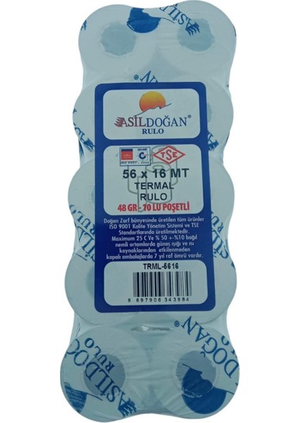 Asildoğan Yazarkasa Rulosu 56X16 Termal Pos Tse Belgeli 10 Rulo