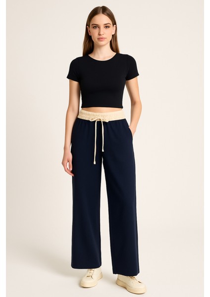 Kadın Lacivert Beli Şerit Lastikli Pantolon - 10780