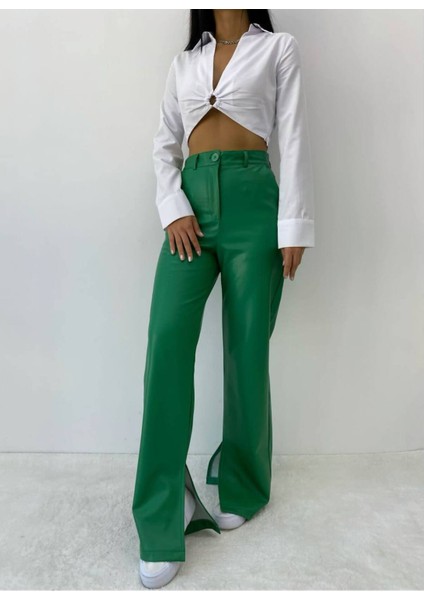 Kadın Yeşil Deri Yırtmaçlı Pantolon - 10819