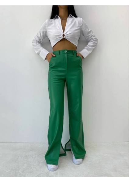 Kadın Yeşil Deri Yırtmaçlı Pantolon - 10819 fiyatları