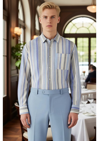 Erkek Çizgili Dokuma Gömlek Rahat Kesim Uzun Kollu Gündüz ve Gece Stiline Uygun Seçim Spor modelleri