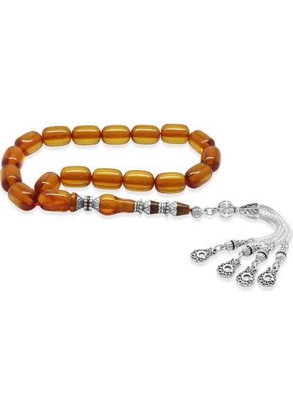 Kararmaz Metal Püsküllü Alpaka Nakkaş Imameli Sıkma Kehribar Efe Tesbih Bal Rengi Kapsül Kesim