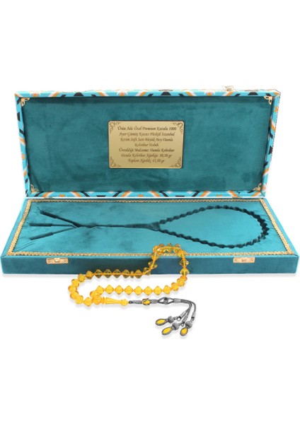 Premium Kutulu 1000 Ayar Gümüş Kazaz Püskül Istanbul Kesim Soft Sarı Büyük Boy Damla Kehribar Tesbih fiyatları