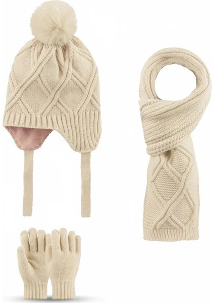 4-8 Yaş 3'lü Takım Kız Atkı, Eldiven ve Şapka Set Içi Polarlı