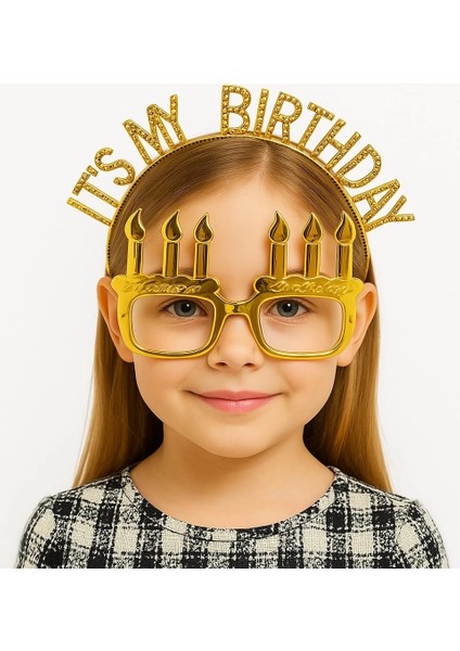 İT39S My Birthday Yazılı Taç ve Mum Şekilli Gözlük Seti Altın Renk