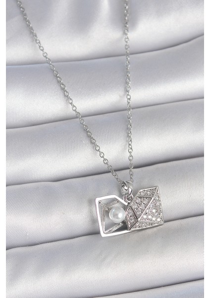 316L Çelik Gümüş Renk Zincir Zirkon Taşlı Incili Açılır Elmas Model Kadın Kolye - Lisinya