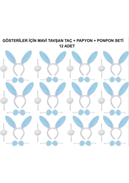 Mavi Tavşan Kostüm Seti – Taç, Papyon, Ponpon (12’li Paket)