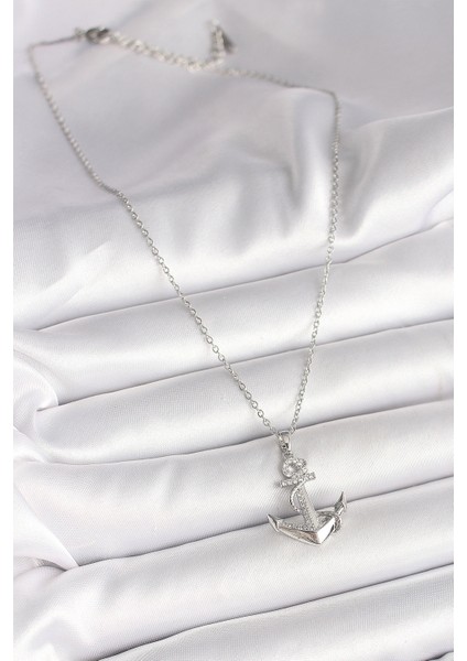 316L Çelik Gümüş Renk Zincir Zirkon Taş Detaylı Çapa Model Kadın Kolye - Lisinya fiyatları