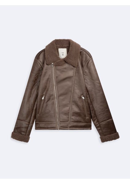 Suni Deri Fermuarlı Kürk Bej Ceket