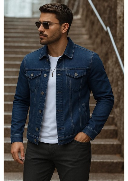 Erkek Mevsimlik Basic Günlük Trend Lacivert Kot Ceket