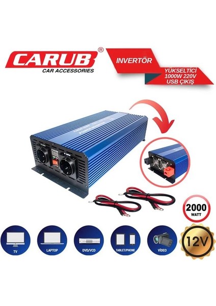 Carub Invertör 12V 2000 Watt 220V Yükseltic+ USB Çıkış