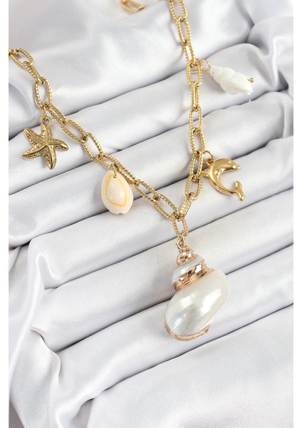 316L Çelik Gold Renk Deniz Kabuğu ve Yıldızı Konseptli Kadın Kolye - Lisinya