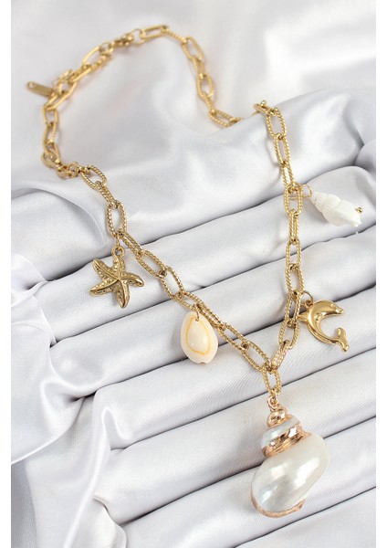 316L Çelik Gold Renk Deniz Kabuğu ve Yıldızı Konseptli Kadın Kolye - Lisinya fiyatları