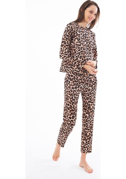 Premium Kadın Pijama Takımı Leopar Desenli Yumuşak Dokulu Bisiklet Yaka Uzun Kollu modelleri