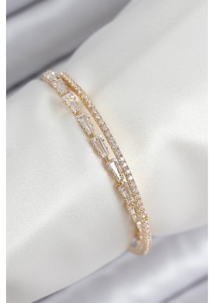 Pirinç Zirkon Taşlı Su Yolu Model Gold Renk Kadın Bileklik - Lisinya