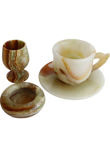Oniks Doğal Taş Fincan, Kadeh ve Kül Tablası Seti – El Yapımı Şık Masa Dekoru | Hediyelik Oniks Taş Takım