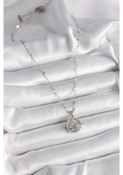 316L Çelik Gümüş Renk Zincir Zirkon Taşlı Yıldız Detay Gezegen Model Kadın Kolye - Lisinya fiyatları