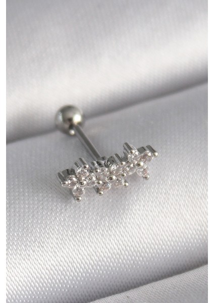 316L Çelik Gümüş Renk Zirkon Taşlı Yonca Tragus Piercing - Lisinya