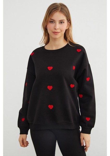 3 Iplik Kalp Nakışlı Oversize Sweatshirt