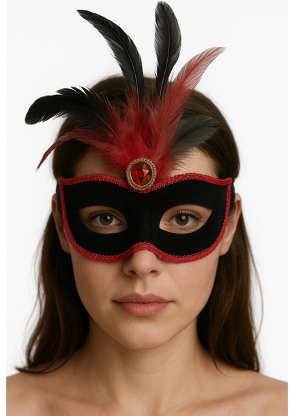 Kırmızı Dantelli Siyah Kırmızı Tüylü Siyah Süet Kaplama Parti Maskesi 17X25 cm